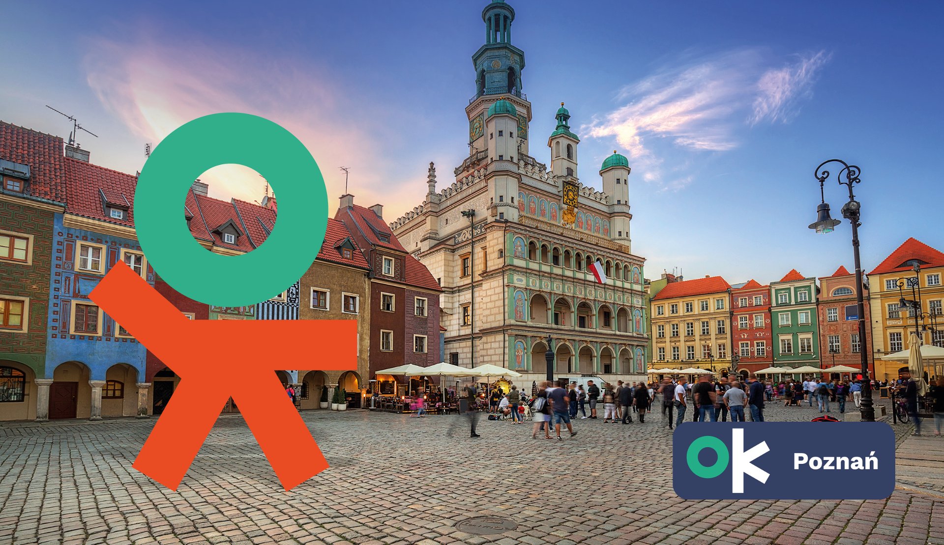 Na zdjęciu poznański Ratusz, na nim grafika: ludzik złożony z liter OK - grafika artykułu