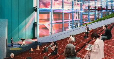 Wizualizacje nowej siedziby Teatru Muzycznego. Na grafice widać foyer teatru i siedzącyh na schodach ludzi.