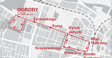 Mapa pokazująca przebieg trasy autobusu za tramwaj.
