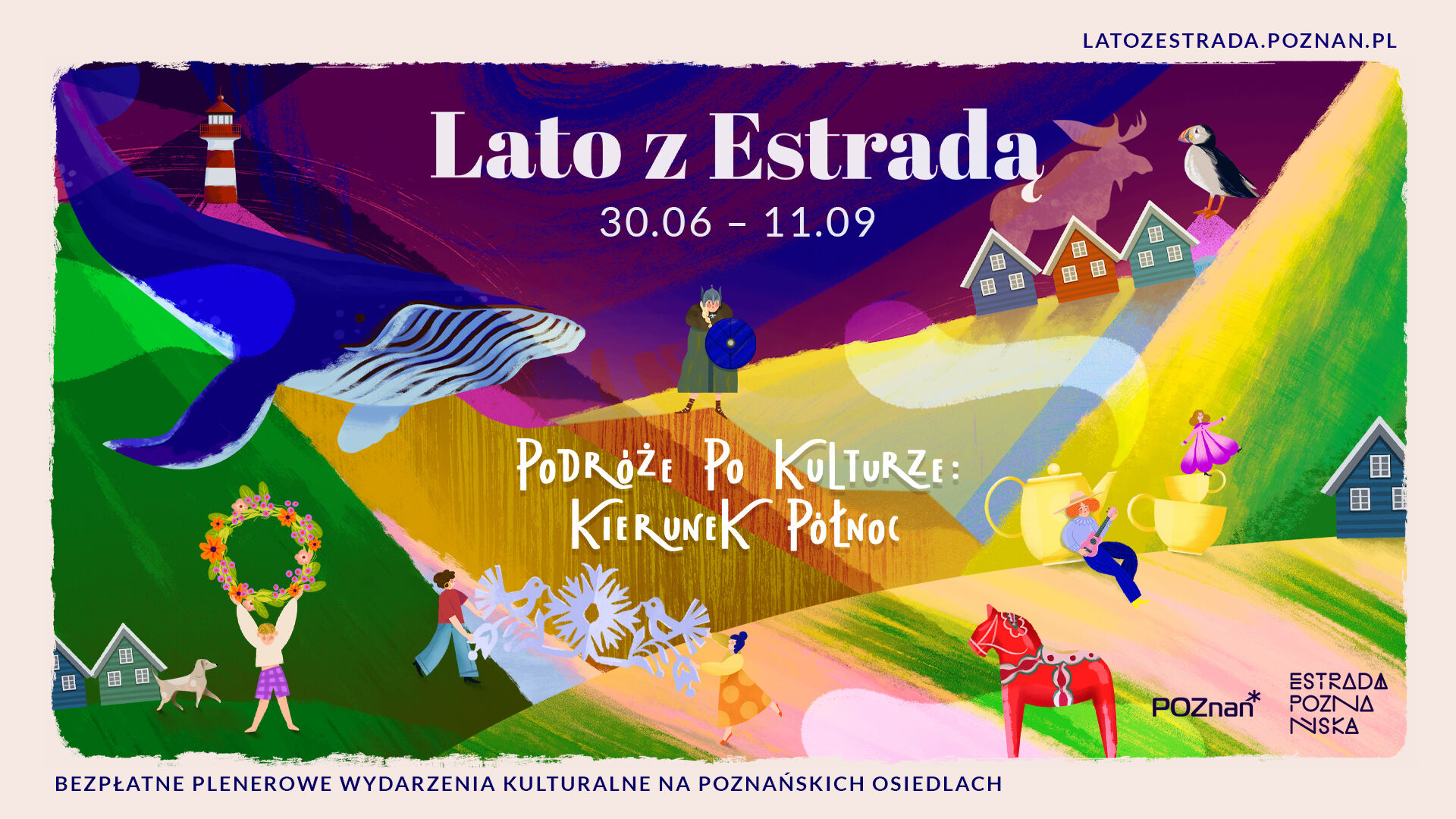 Grafika przedstawia hasło i daty Lata z Estradą oraz kolorowe rysunki ludzi i zwierząt. - grafika artykułu