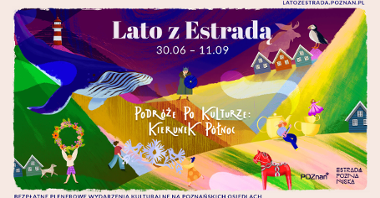 Grafika przedstawia hasło i daty Lata z Estradą oraz kolorowe rysunki ludzi i zwierząt.