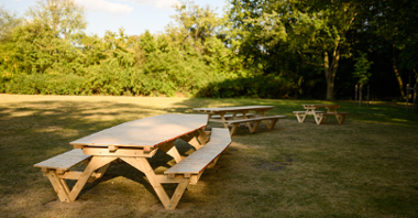 Na zdjęciu drewniane meble - stoły i ławki stojące obok siebie