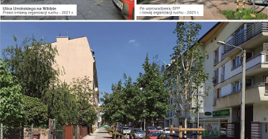 Zdjęcie złożone z trzech fotografii. Przedstawiają one ul. Umińskiego przed i po wprowadzeniu w tamtym miejscu SPP.