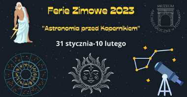 Plakat z informacjami o wydarzeniu i elementami graficznymi - posejdonem, teleskopem, słońcem i znakami zodiaku