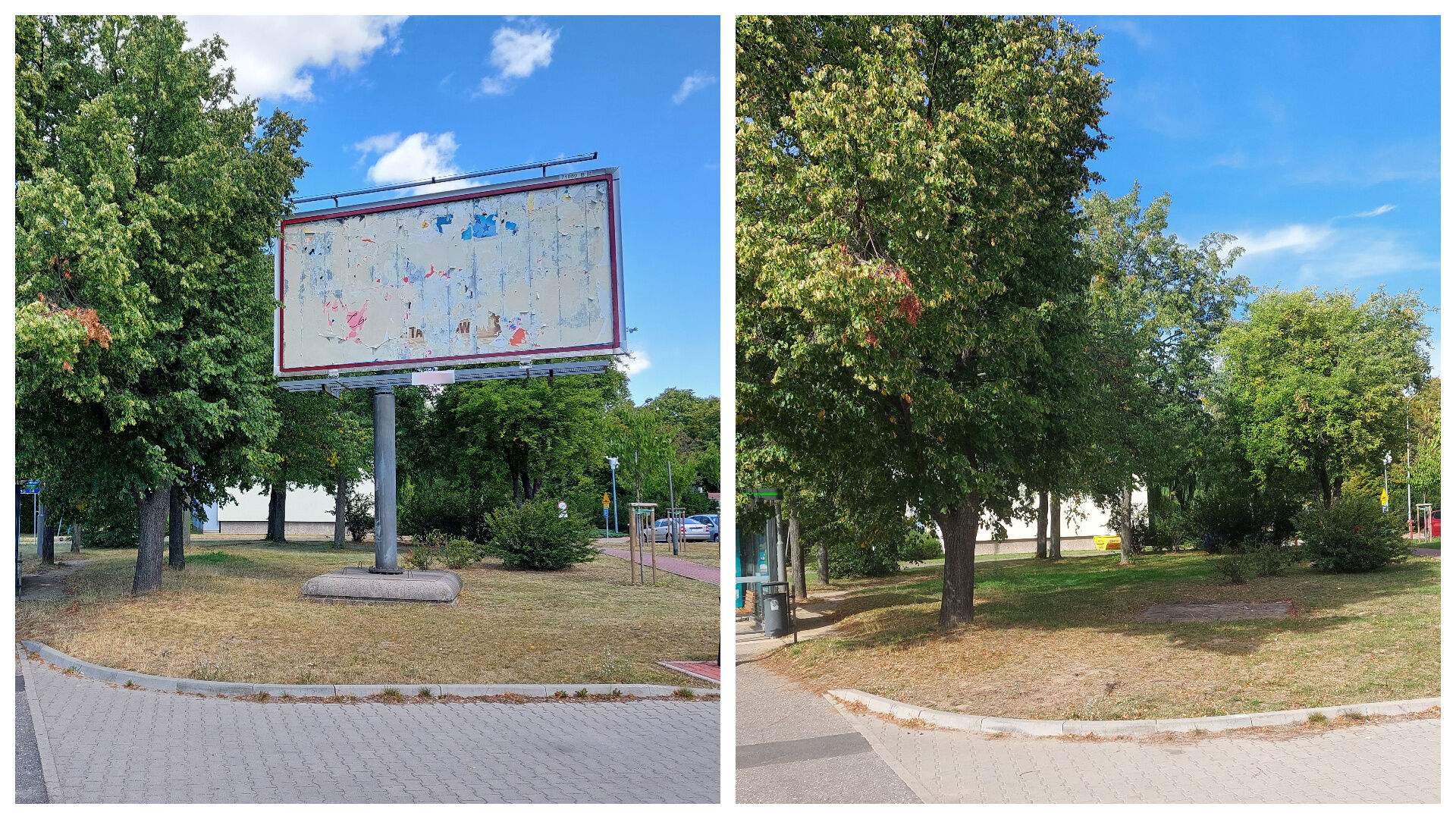 Kolaż zdjęć: po lewej stronie widać fragment ulicy i trawnik, na którym stoi wielkoformatowa reklama. Po prawej widać ten sam kadr, jednak bez nośnika reklamy na trawniku. - grafika artykułu