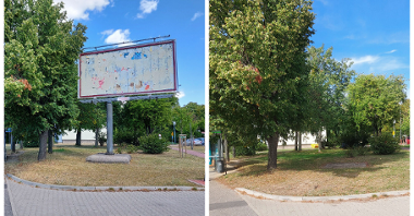Kolaż zdjęć: po lewej stronie widać fragment ulicy i trawnik, na którym stoi wielkoformatowa reklama. Po prawej widać ten sam kadr, jednak bez nośnika reklamy na trawniku.