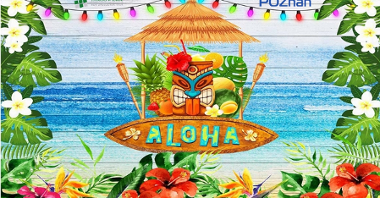 Kolorowa grafika z elementami hawajskimi