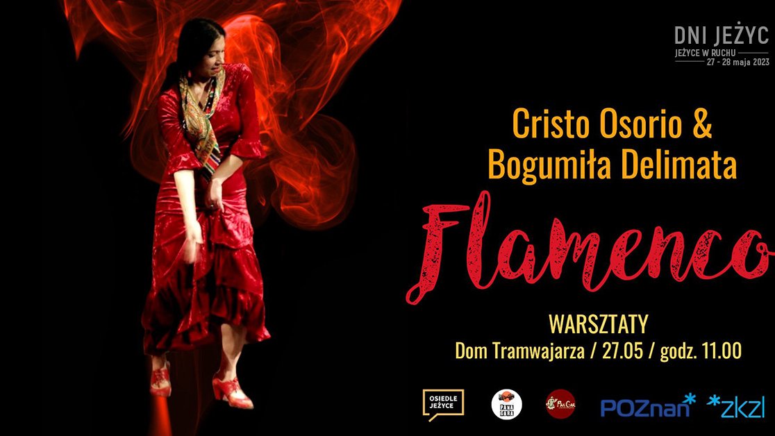 Czarny plakat z informacjami ow ydarzeniu oraz kobietą w czerwonym stroju tanecznym