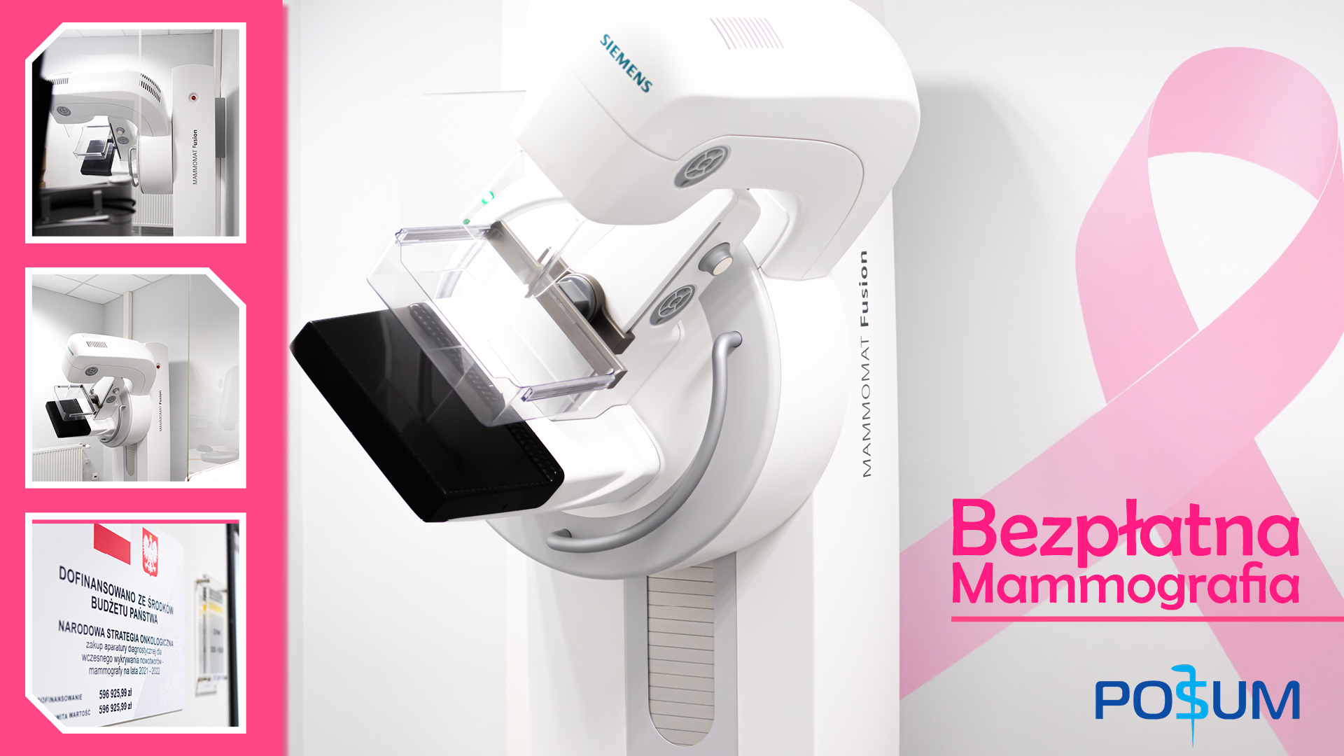 Grafika: zdjęcie mammografu na różowym tle, obok napis: bezpłatna mammografia, POSUM - grafika artykułu