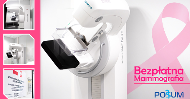 Grafika: zdjęcie mammografu na różowym tle, obok napis: bezpłatna mammografia, POSUM