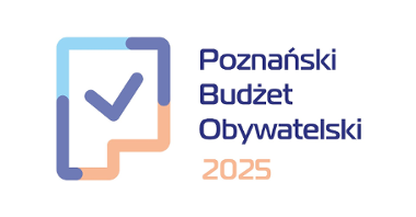 Logo przedstawia napis Poznański Budżet Obywatelski oraz rysunek kartki z ptaszkiem, czyli znacznikiem głosowania.