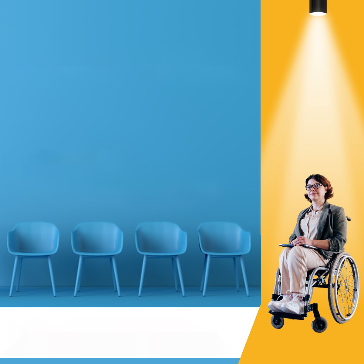 Grafika przedstawia kobietę na wózku oraz rząd pustych krzeseł. - grafika artykułu