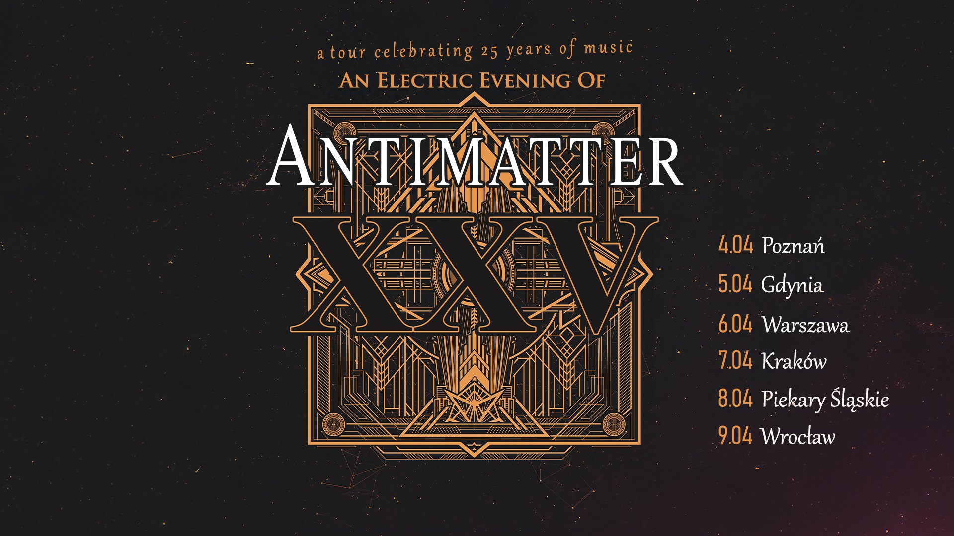 Plakat promujący trasę koncertową zespołu Antimatter, celebrującą 25 lat ich muzyki.