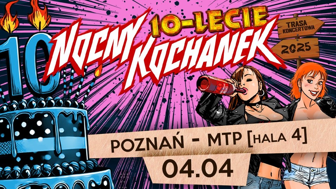 Plakat promujący trasę koncertową zespołu Nocny Kochanek, świętującego 10-lecie działalności. Centralnym elementem grafiki jest duży niebieski tort z czarno-białymi dekoracjami i świeczkami na wierzchu, z liczbą "10" wyeksponowaną na środku.