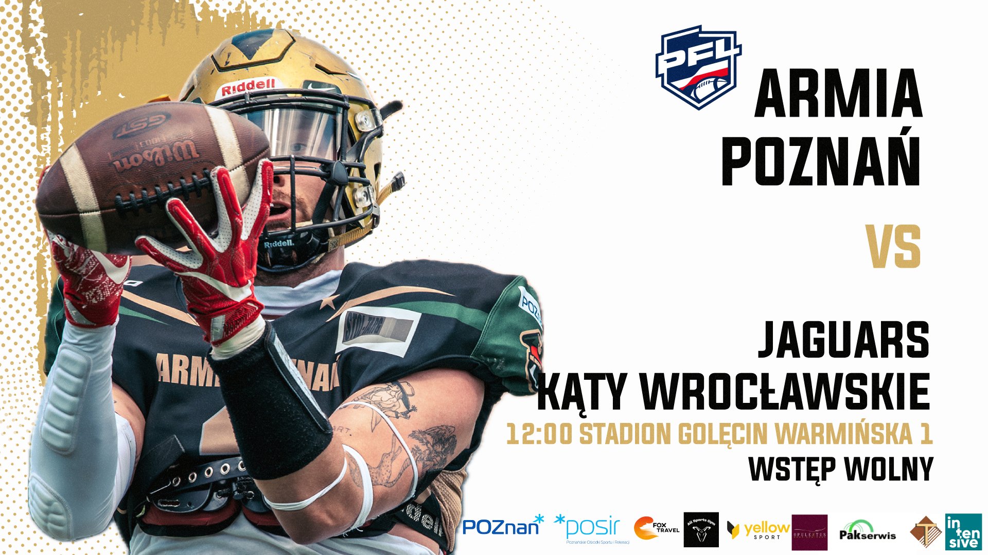 Plakat z informacjami o meczu i zdjęciem futbolisty amerykańskiego trzymającego piłkę
