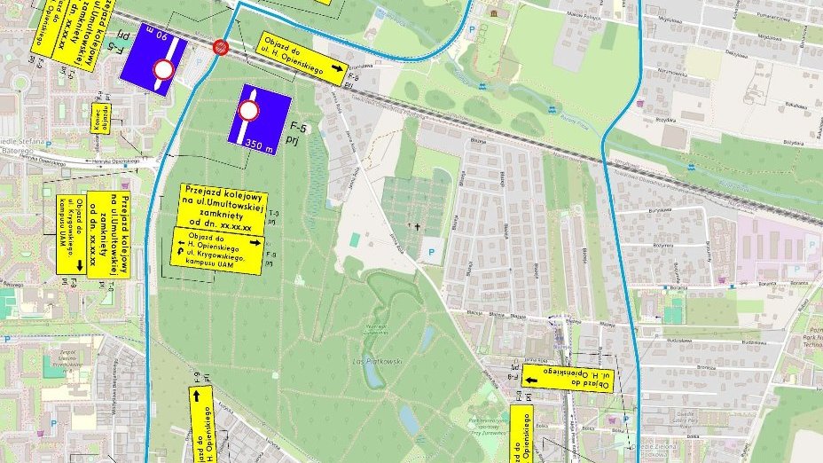 Schemat z zaznaczonymi znakami drogowymi i oznaczeniami objazdów