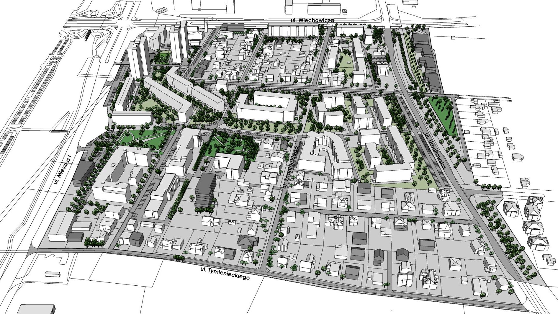 Szczegółowy rendering architektoniczny przedstawiający obszar miejski. Widać układ budynków, ulic oraz przestrzeni zielonych. Ulice są oznaczone nazwami.