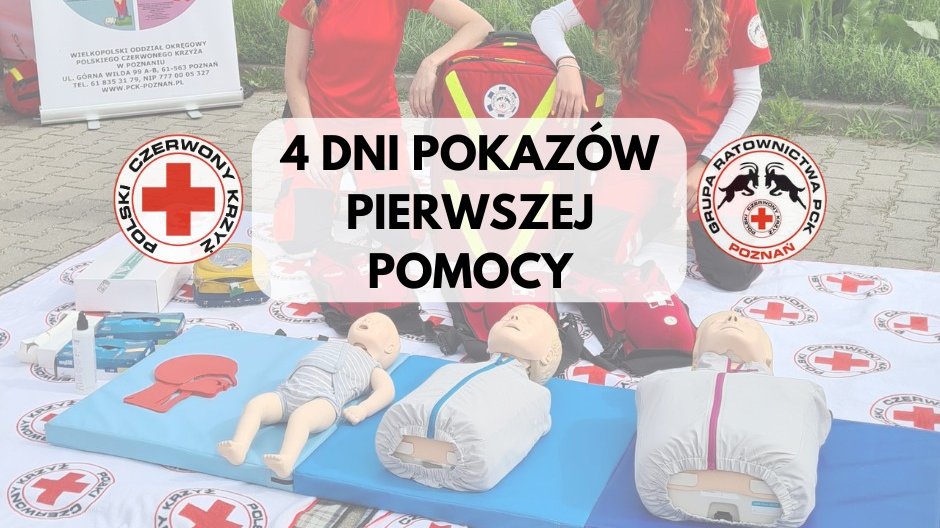 Na zdjęciu ratownicy z fantomami, na to nałożony napis: 4 dni pokazów pierwszej pomocy
