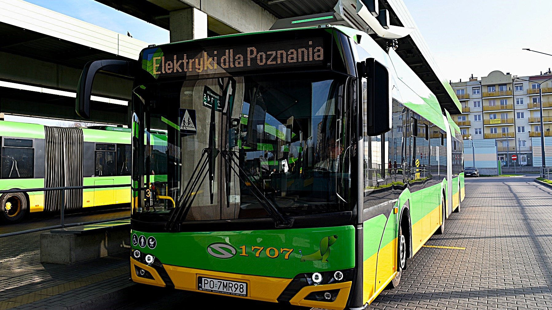 Autobus elektryczny z napisem na wyświetlaczu "Elektryki dla Poznania" na pętli Os. Sobieskiego