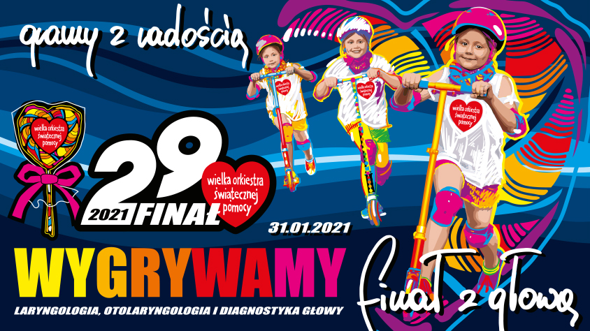 Plakat 29. finału WOŚP. Kolorowy napis "Wygraywamy. Finał z głową". Powyżej trzy dziewczyneki na hulajnogach i w kasakach. - grafika artykułu