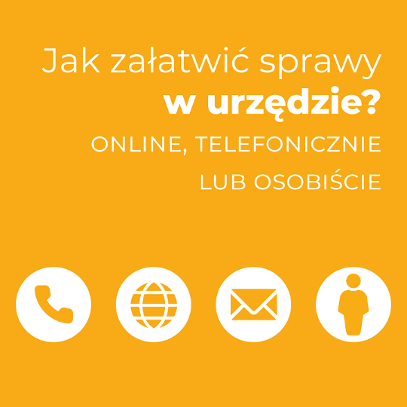 Urzędnicy zachęcają do kontaktu online, pocztą tradycyjną, a także telefonicznie. Plakat. Biały napis na żółtym tle: Jak załatwić sprawy w urzędzie?