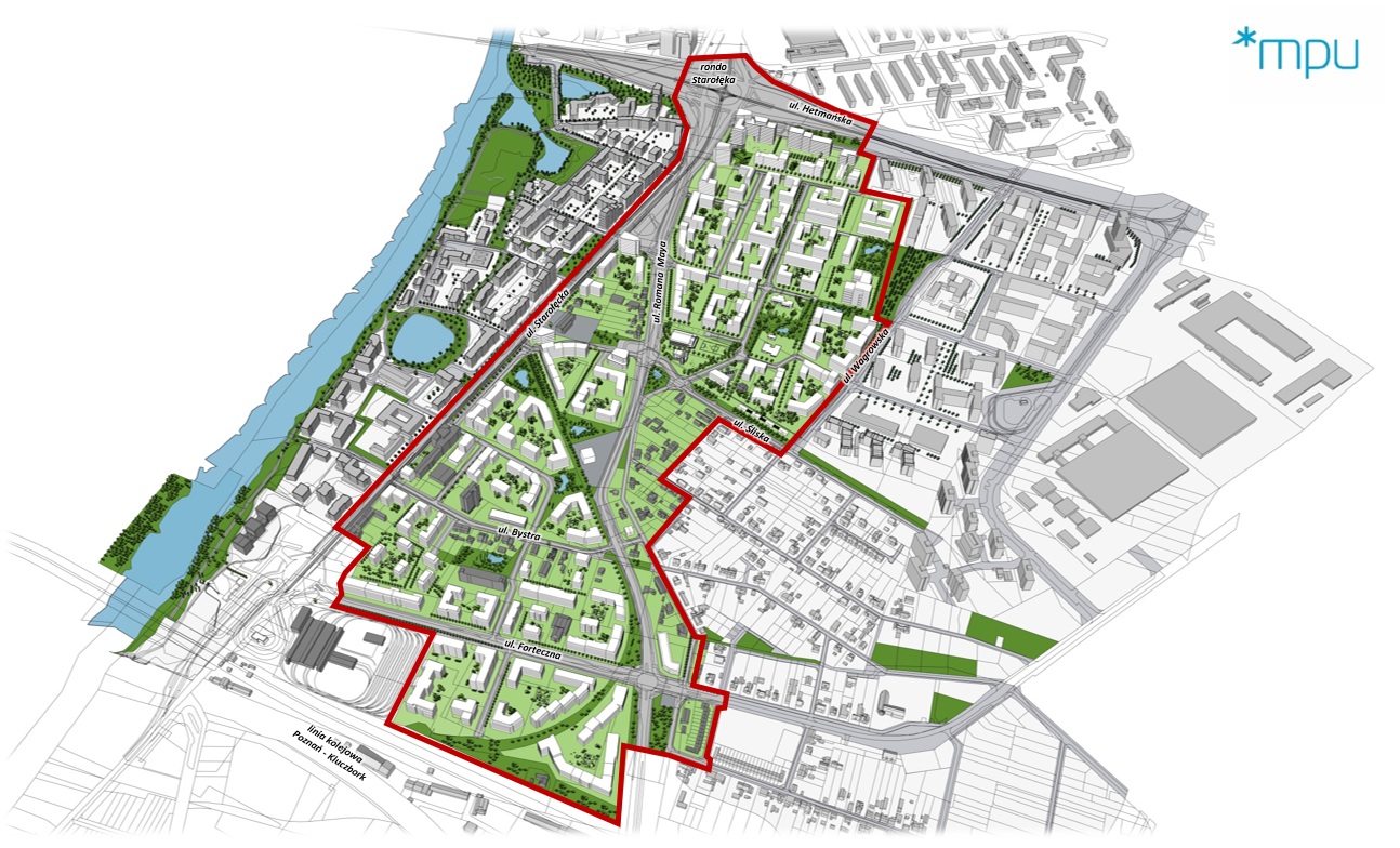 Schematyczny plan zagospodarowania przestrzennego terenu (dzielnicy). Obszar objęty planem jest otoczony czerwoną linią i zawiera jasnozielone tereny zielone oraz białe i szare zabudowania z nazwami ulic.