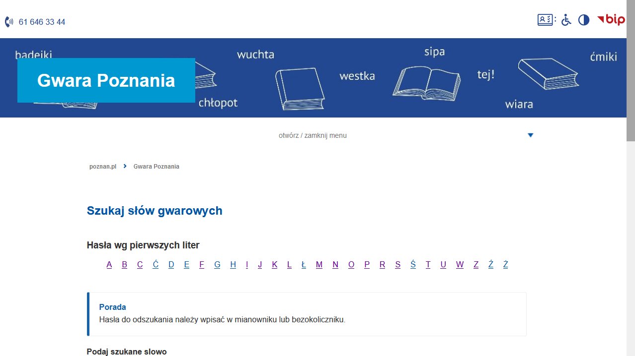 Zdjęcie przedstawia stronę poznan.pl z wyszukiwarką słów z gwary poznańskiej.