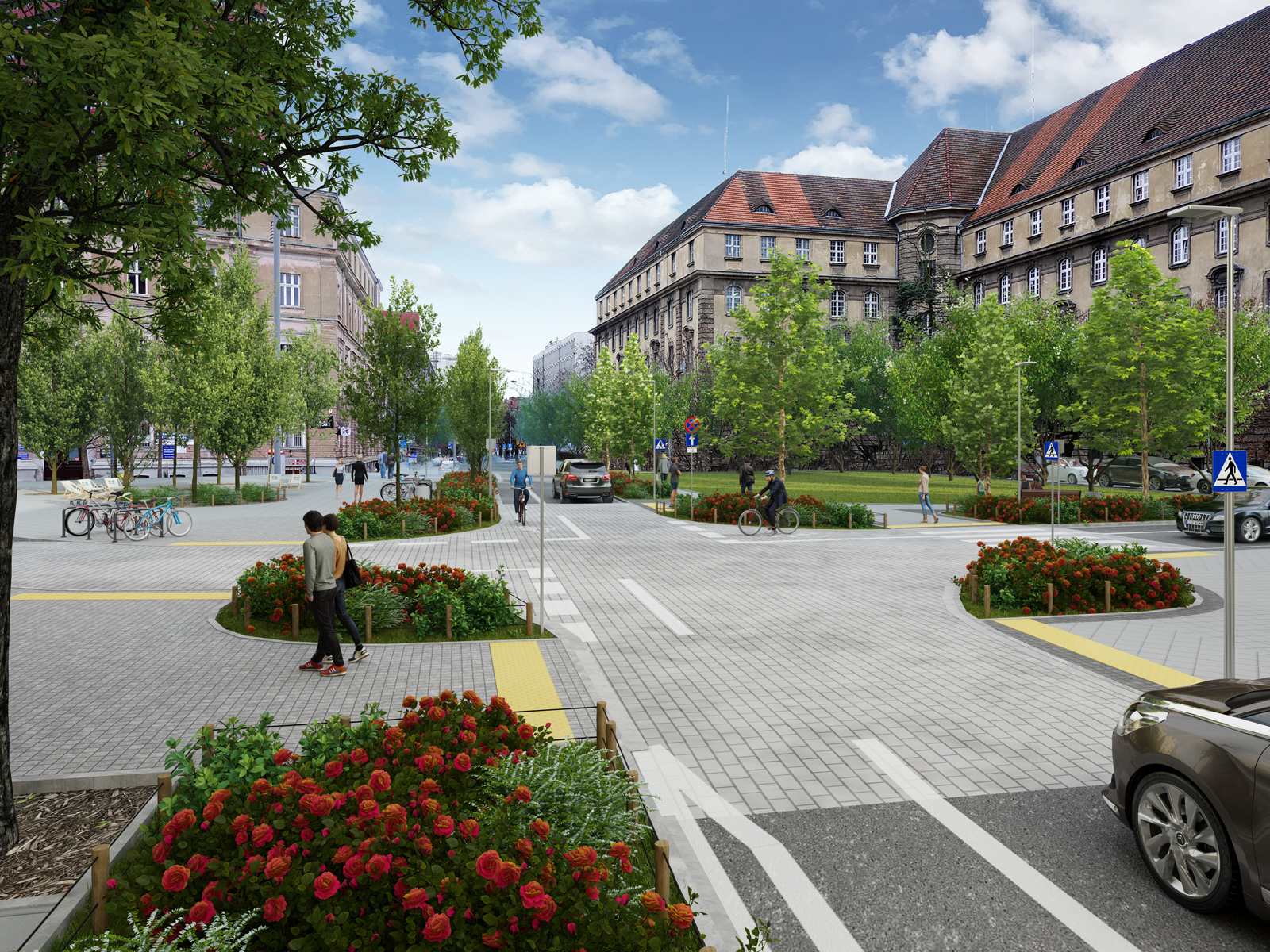 Kolejne miejsce w centrum Poznania się zazieleni. Zamiast asfaltu i bruku będą nowe drzewa oraz krzewy i kolorowe kwiaty - tak zmieni się skrzyżowanie ulic Taylora i Kościuszki fot. PIM Wizualizacja