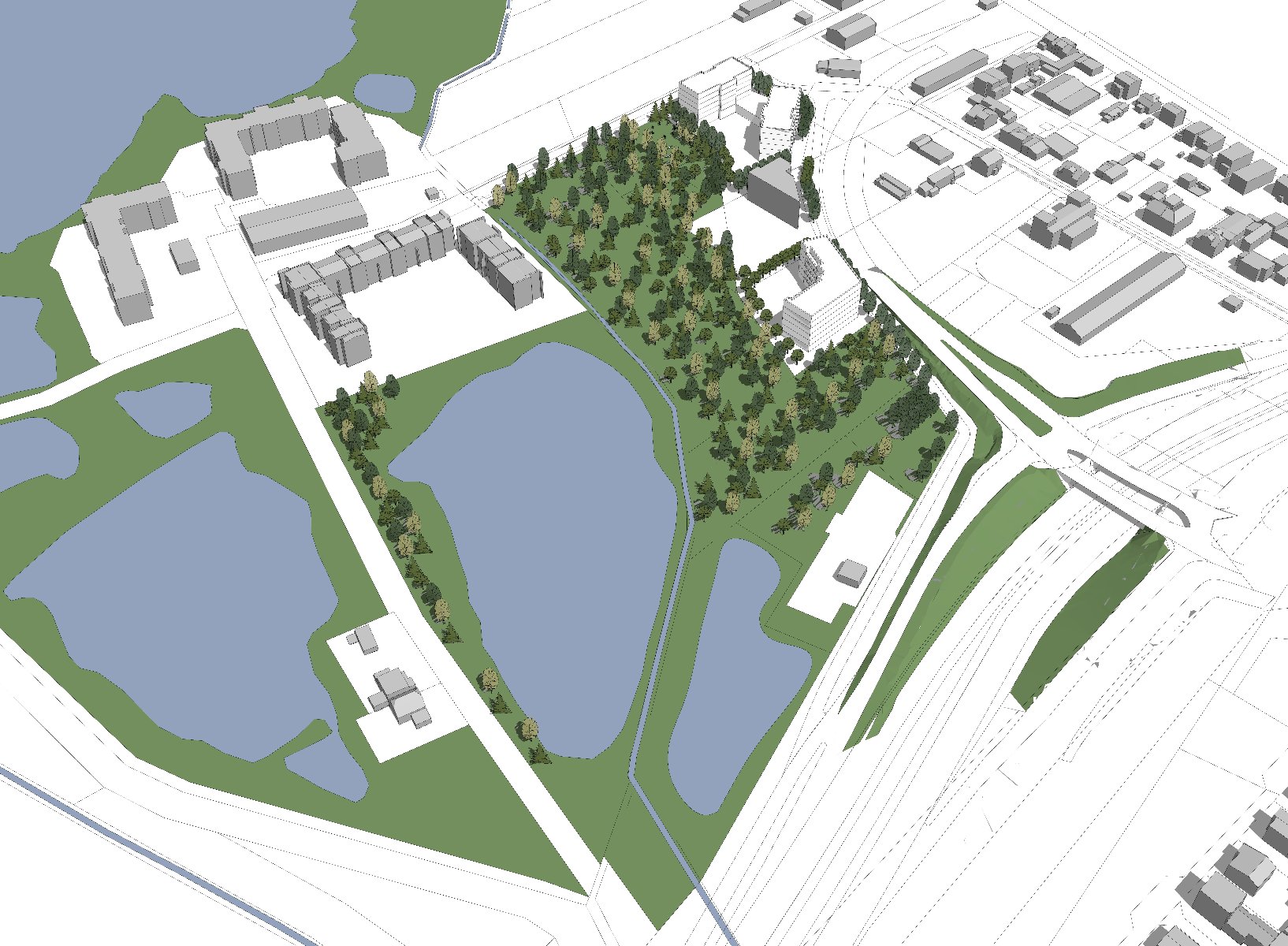 Radni miejscy uchwalili miejscowy plan zagospodarowania przestrzennego dla rejonu ulicy Klinkierowej Wizualizacja 3D projektu urbanistycznego. Rozkład zabudowań, dróg, terenów zielonych i zbiorników wodnych. Budynki rozmieszczone w klastrach, niektóre otoczone drzewami i zielenią. Widać liczne stawy lub jeziora w terenach zielonych oraz drogi łączące różne części projektu.