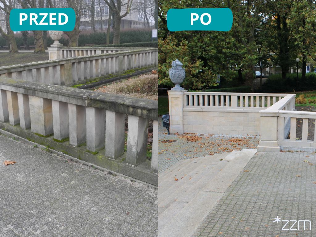 Zdjęcie przedstawia murek i betonową wazę w parku wśród zieleni.