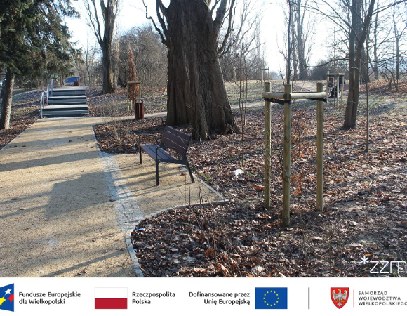 Zdjęcie przedstawia parkową alejkę, przy której stoją ławki i kosze na śmieci oraz drzewa.