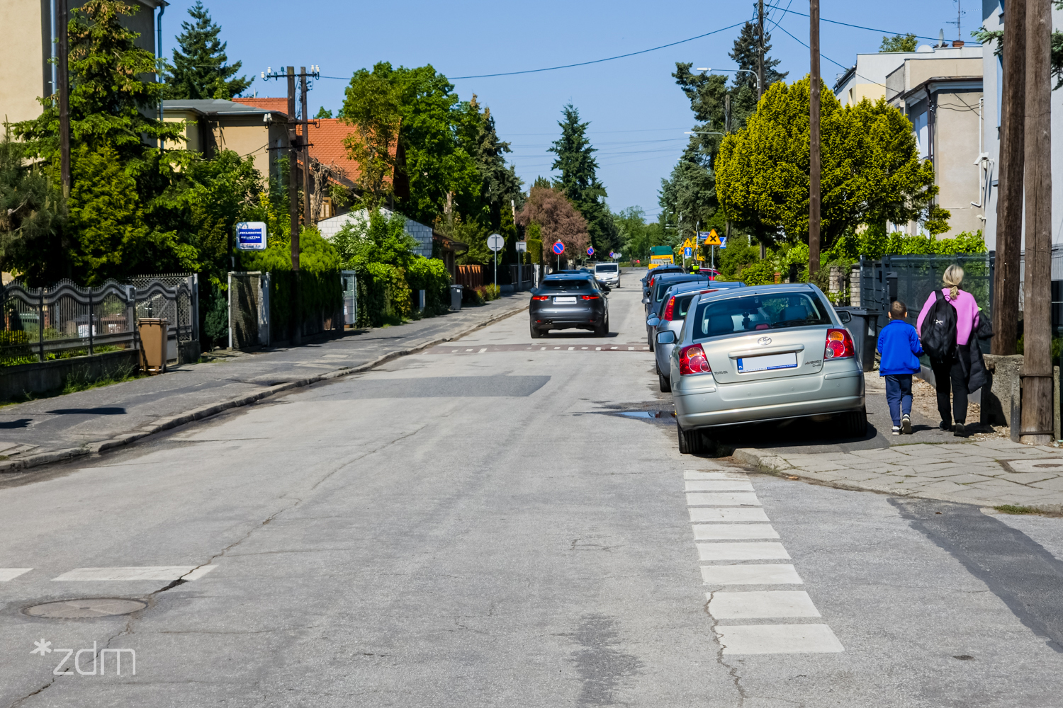 W dni robocze ulice na Ogrodach są zastawione parkującymi pojazdami. Kierowcy często nie stosują się do przepisów ruchu drogowego/ fot. ZDM Zdjęcie przedstawia samochody zaparkowane na poboczu ulicy. Jedno z aut ma blokadę na kołach.