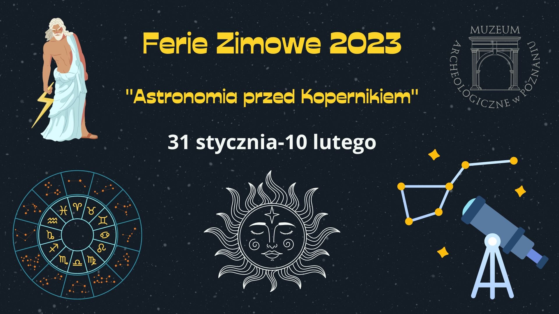Plakat z informacjami o wydarzeniu i elementami graficznymi - posejdonem, teleskopem, słońcem i znakami zodiaku