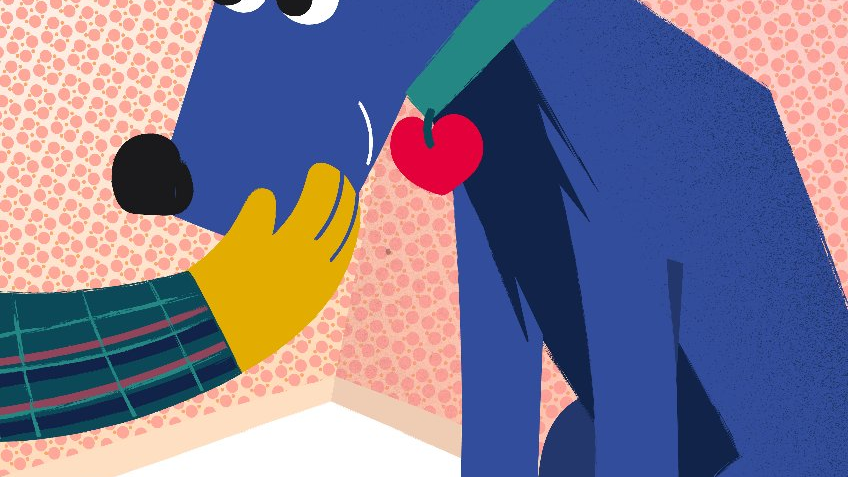 Plakat z wizerunkiem dużego niebieskiego psa, ręką, która głaszcze psa i informacjami o wydarzeniu
