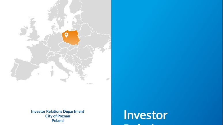 page 1 of the Investor Relations Department leaflet. a map of Poland's location in Europe, contact info