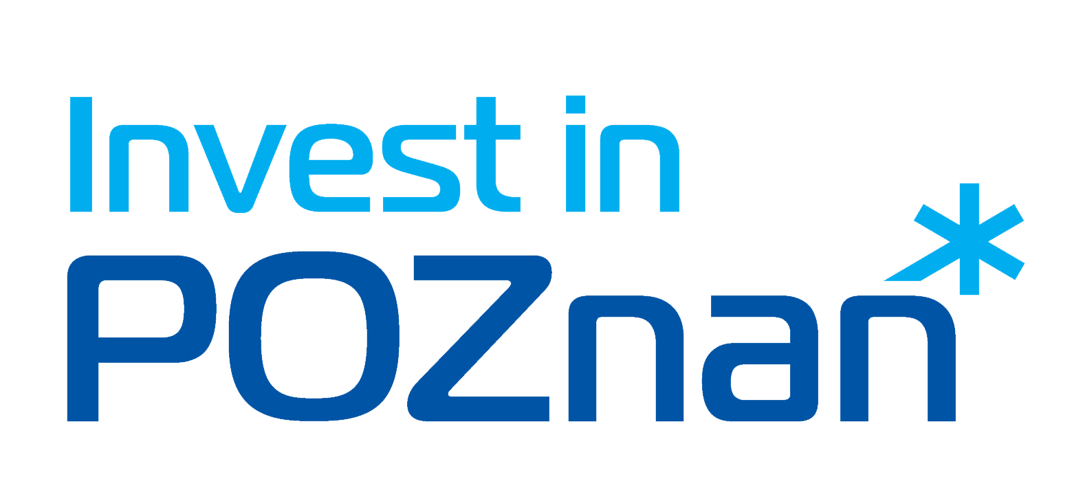 a logo of the Investor Relation Department. a blue sign that says Invest in Poznań