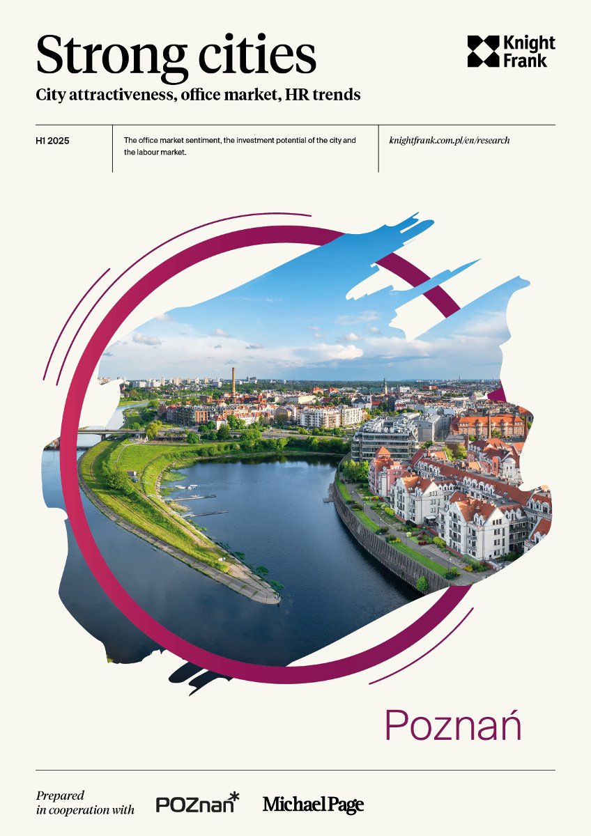 The cover of Knight Frank's "Strong cities" report. Cream-colored background. In the center view on Poznań in purple circle.