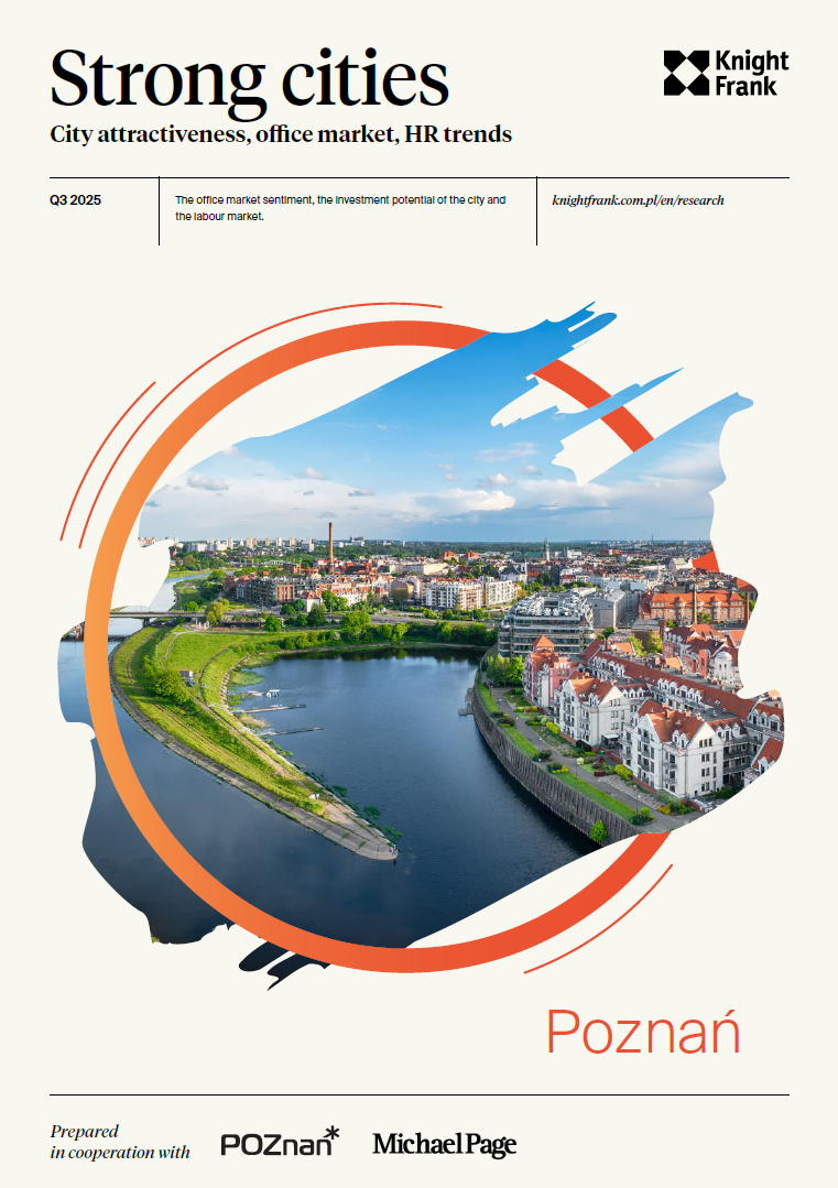 The cover of Knight Frank's "Strong cities" report. Cream-colored background. In the center view on Poznań in orange circle.