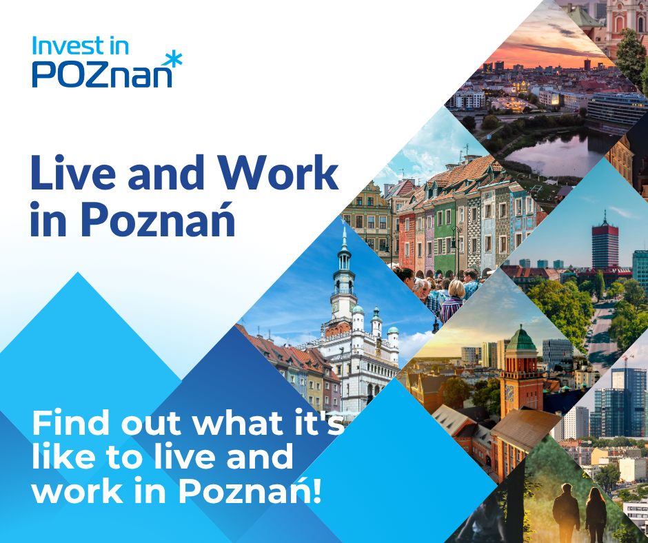 Headline: Live and Work in Poznań. Caption below: "Find out what it's like to live and work in Poznań!' On the right-hand side, tiles with photos of Poznań.