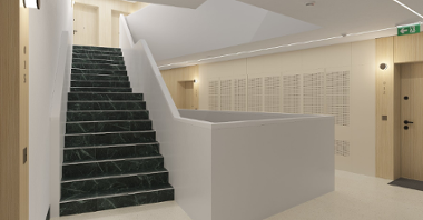 The image shows a visualisation of the staircase inside the Pulaski 19 building.