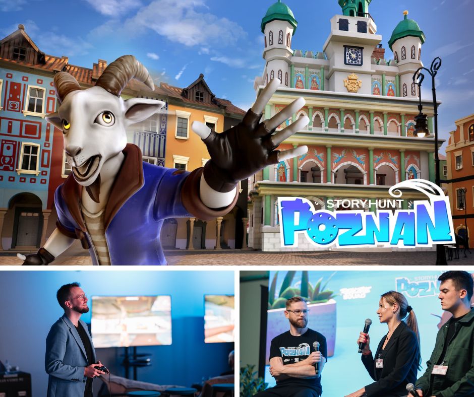 a graphic of the StoryHunt event. on top a goat in front of Poznań Town Hall and other buldings. below photos of people involved in the event