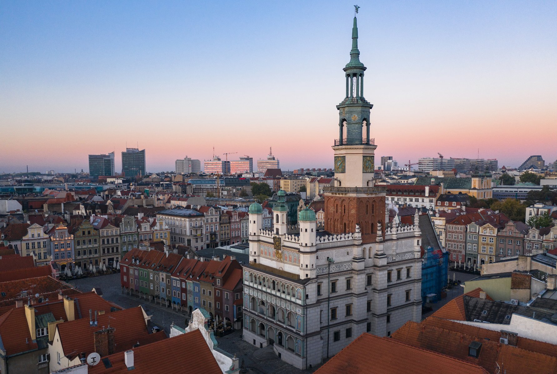 View of Poznań - Poznań Town hall, historic buildings around, tall buldings further