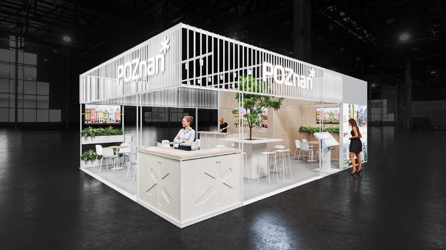 Like every year, the City of Poznań will present its rich investment offer at the expo, as well as the potential of the Poznań Metropolitan Area and its stand partners. Visualisation of the City of Poznań stand. Stand made of light wood and white elements. The logo of Poznań is visible. Inside the stand there are tables with chairs.