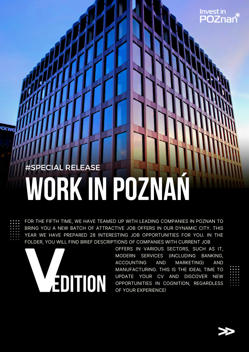 The cover of the publication Work in Poznań. Pictured is the office building.