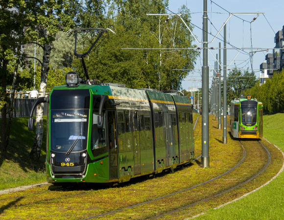 Dwa tramwaje na zielonym torowisku