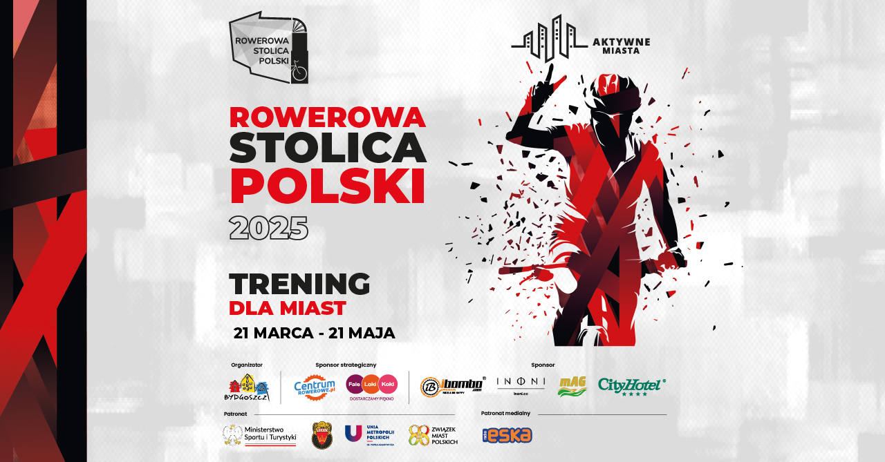 Od 21 marca do 21 maja potrwa trening przed czerwcową rywalizacją o tytuł Rowerowej Stolicy Polski Grafika do tegorocznej edycji treningu przed Rowerową Stolica Polski - rowerzysta pokazuje znak V, tekst zapraszający na trening i loga sponsorów