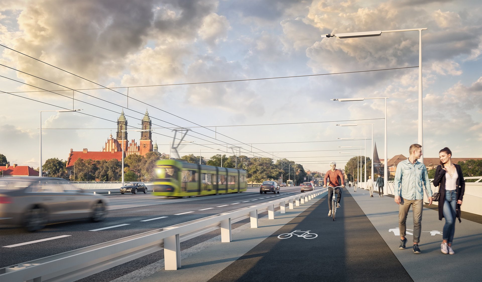 Poglądowa wizualizacja przebudowanego mostu Chrobrego - jezdnia czteropasowa, bariera, droga dla rowerów, chodnik z pieszymi, w tle zabudowa Ostrowa Tumskiego - grafika artykułu