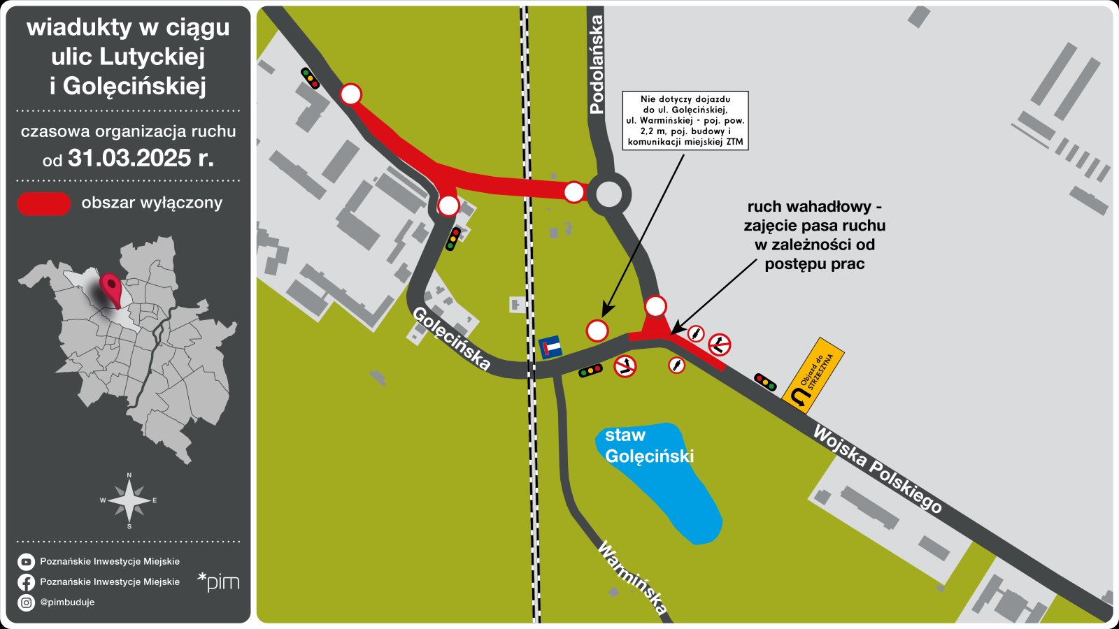 Grafika - mapka z organizacją ruchu w rejonie wiaduktów w ciągu ulc Lutyckiej i Golęcińskiej