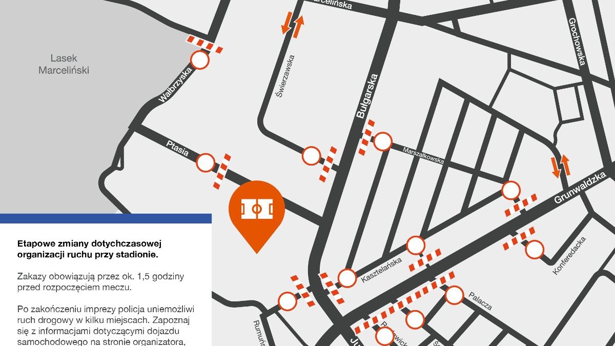Mapka przedstwiająca zmiany w organiuzacji ruchu w rejonie stadionu miejskiego