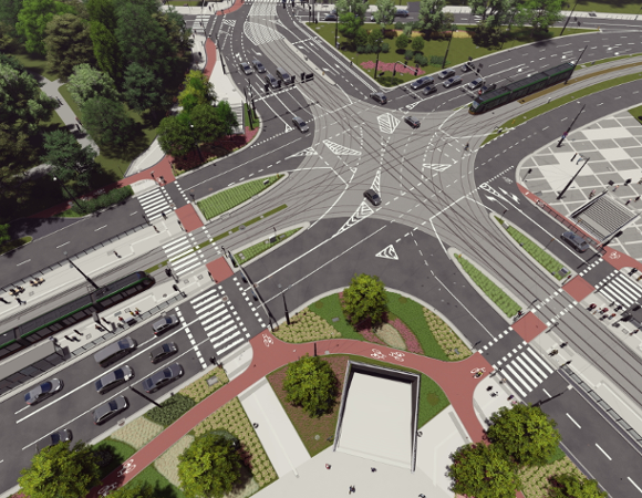Poglądowa wizualizacja zmodernizowanego skrzyżowania ulic Matyi, Niezłomnych, Ratajczaka, Królowej Jadwigi i Wierzbięcic